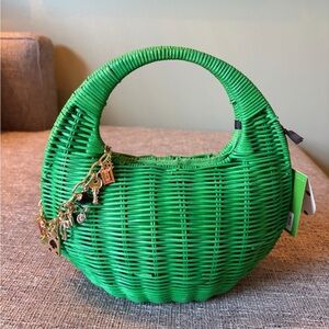 Vibrant Green Woven Clutch with Charm Bracelet